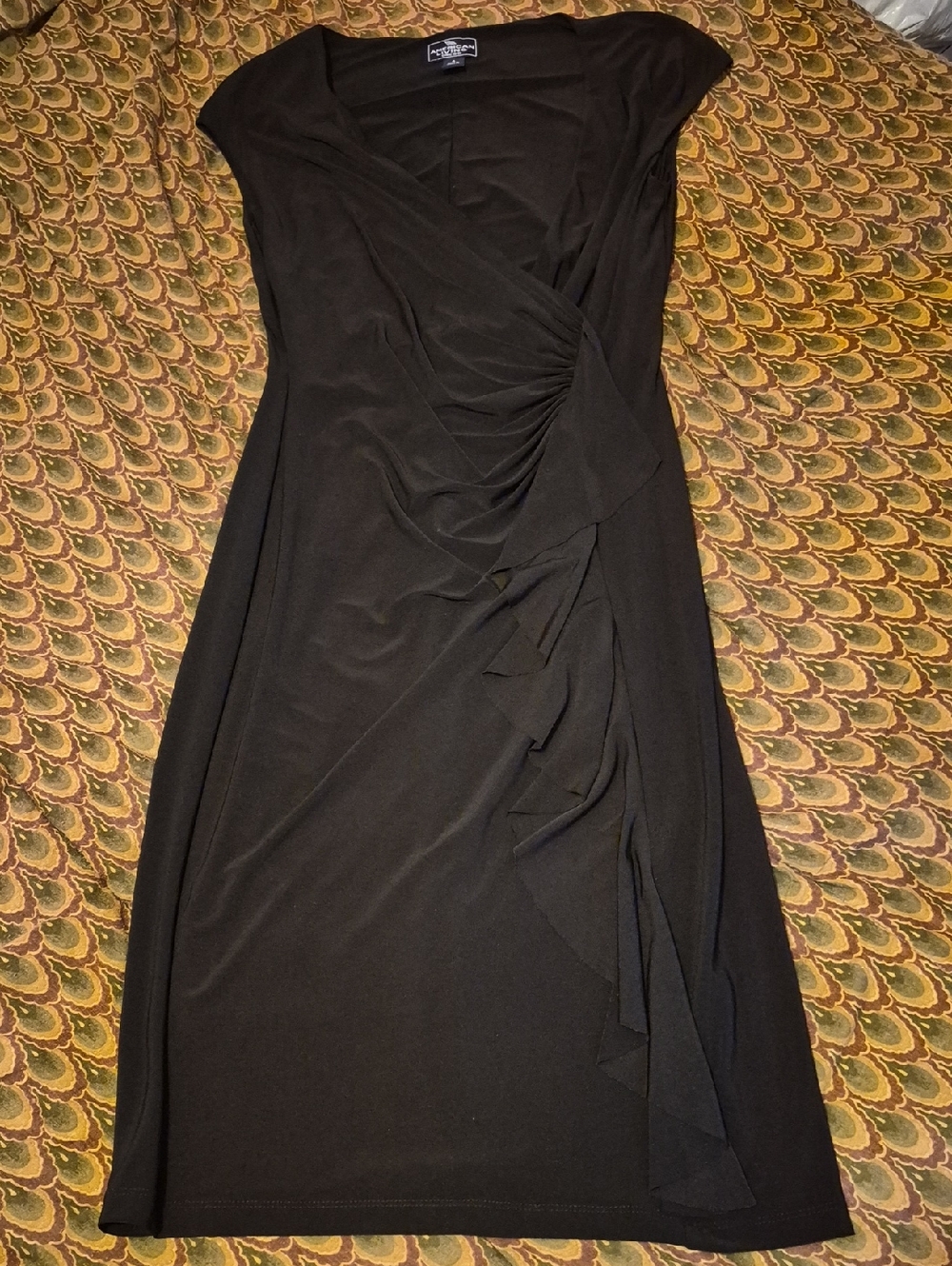 American Living Black Midi Ruched Wrap Dress